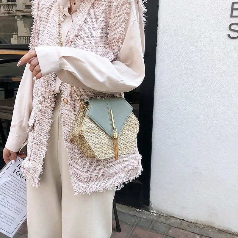 Hexagon Straw+Leather Handbag Women Rattan Beach Bohemia Bag