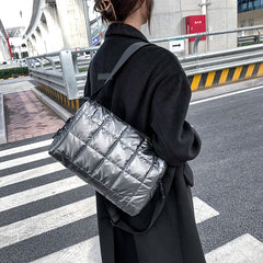Winter Large Capacity Nylon Shoulder Bag Women Warm Down Handbag Quilted