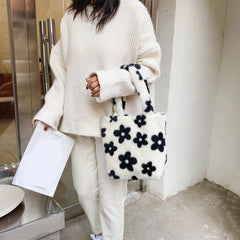 Women Flower Pattern Shoulder Bags Winter Plush Underarm Bags Faux Fur Handbag