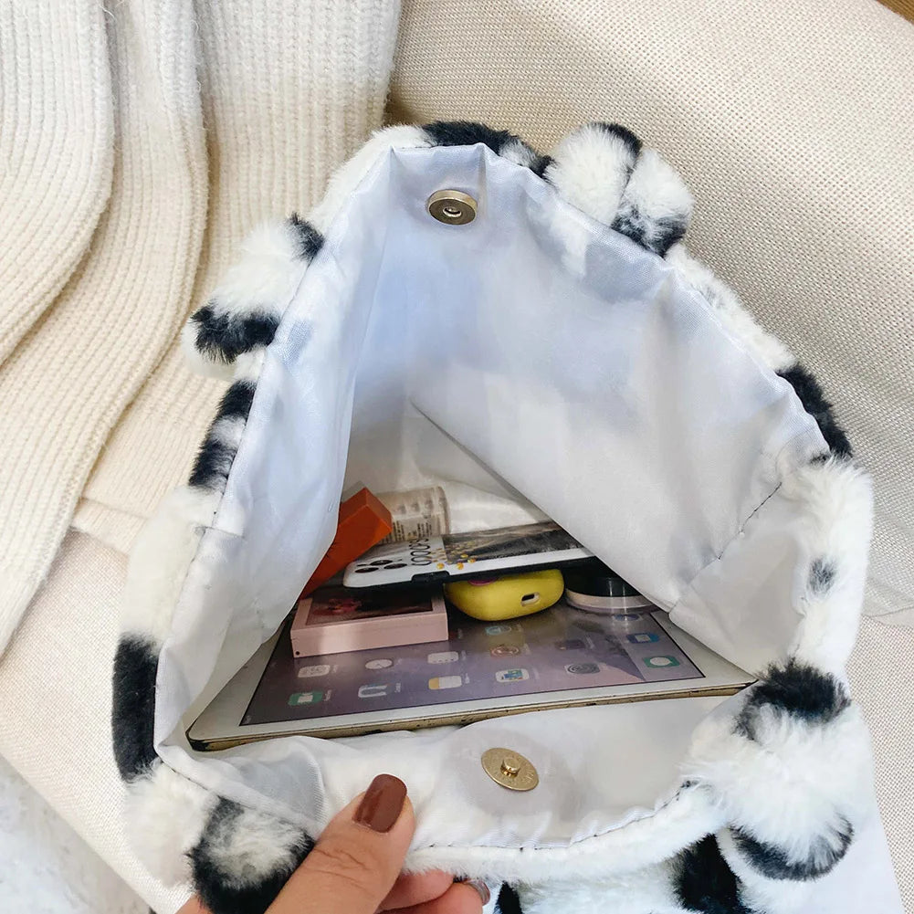 Women Flower Pattern Shoulder Bags Winter Plush Underarm Bags Faux Fur Handbag