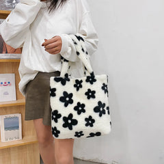 Women Flower Pattern Shoulder Bags Winter Plush Underarm Bags Faux Fur Handbag