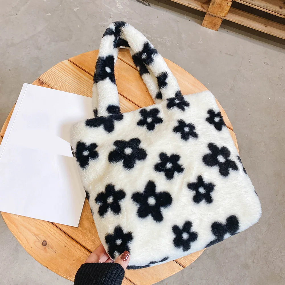 Women Flower Pattern Shoulder Bags Winter Plush Underarm Bags Faux Fur Handbag