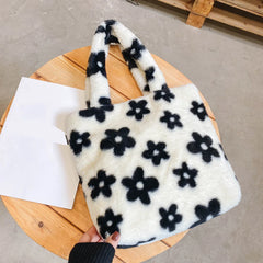 Women Flower Pattern Shoulder Bags Winter Plush Underarm Bags Faux Fur Handbag