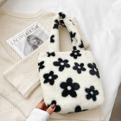 Women Flower Pattern Shoulder Bags Winter Plush Underarm Bags Faux Fur Handbag