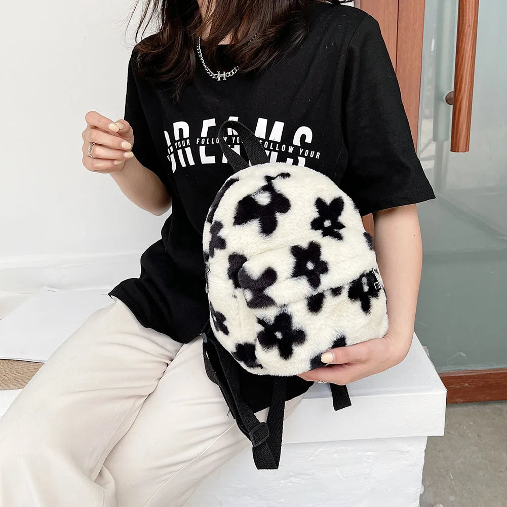 Women Plush Flower Pattern Backpack Female Shoulder Bags Teenger Girsl Furry Flu