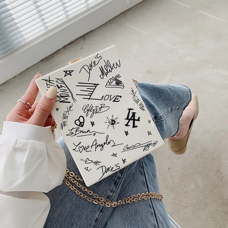 Chain Shoulder Bag Party Clutch Cartoon Printed Acrylic Box Lady Wallet Handbag