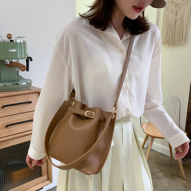 Vintage PU Leather Bucket Bag Women Shoulder Bags Large Capacity