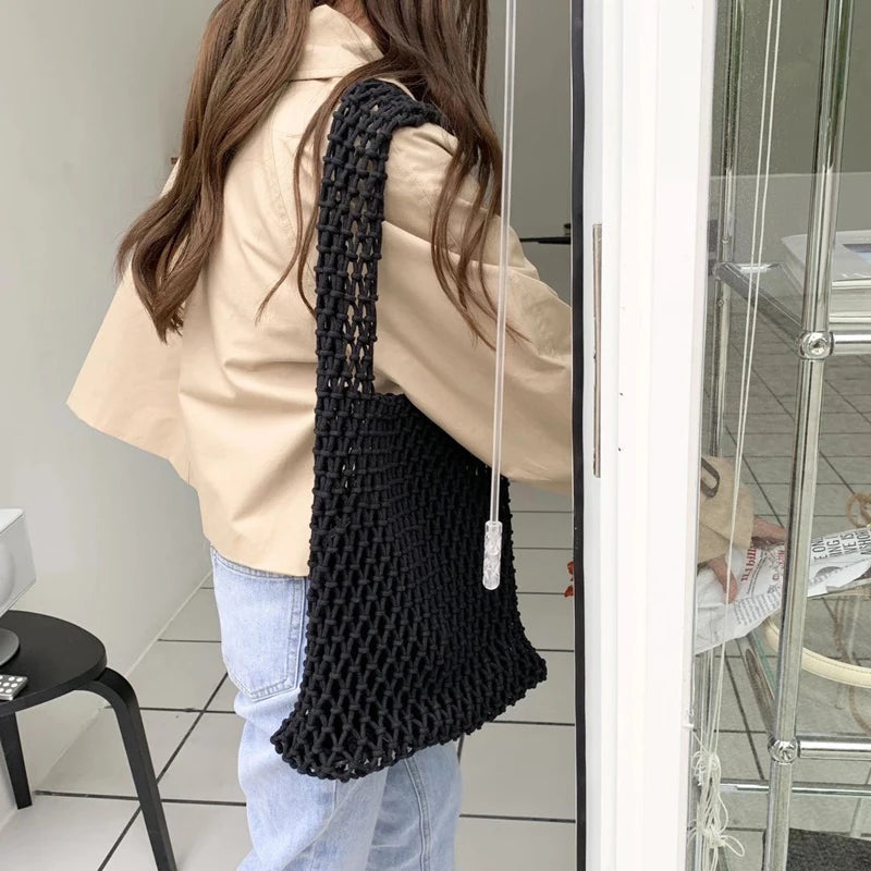 Cotton Thread Knit Women Handbag Ladies Net Hollow Out Tote Bag