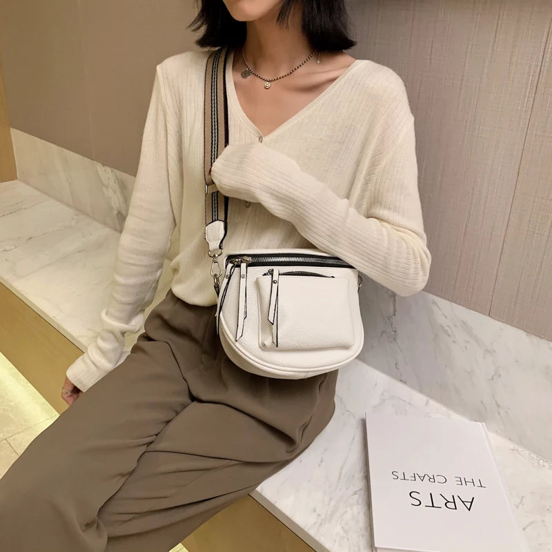 Soft Leather Crossbody Bag for Ladies Zipper Shoulder Strap
