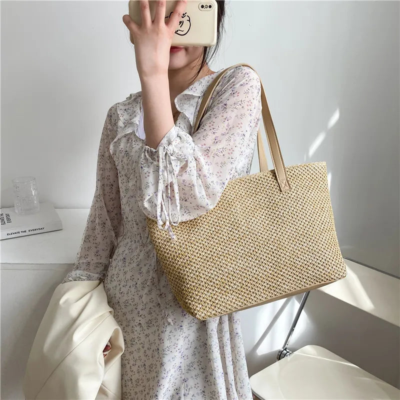 Women Summer Straw Large Bag Beach Casual Shoulder Bag