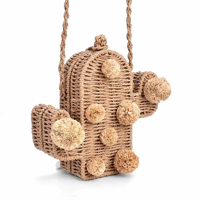 High Beach Bag Cactus Rattan Bag Straw Bag Summer Bags With Pom Pom Women Messen