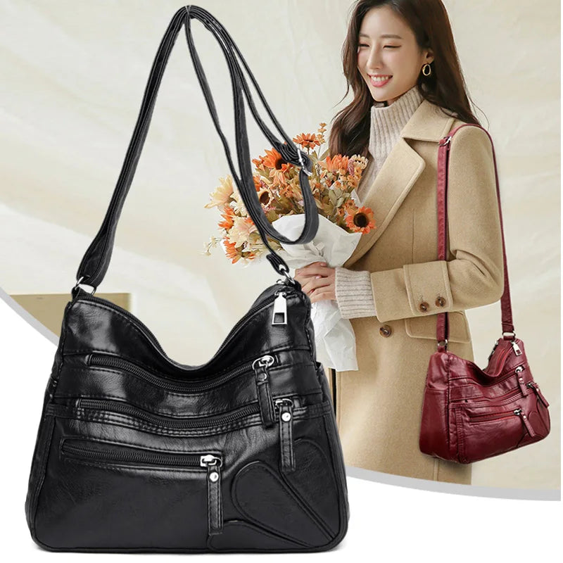 Women's Soft Leather Shoulder Bags Multi-Layer Crossbody Bag Handbag