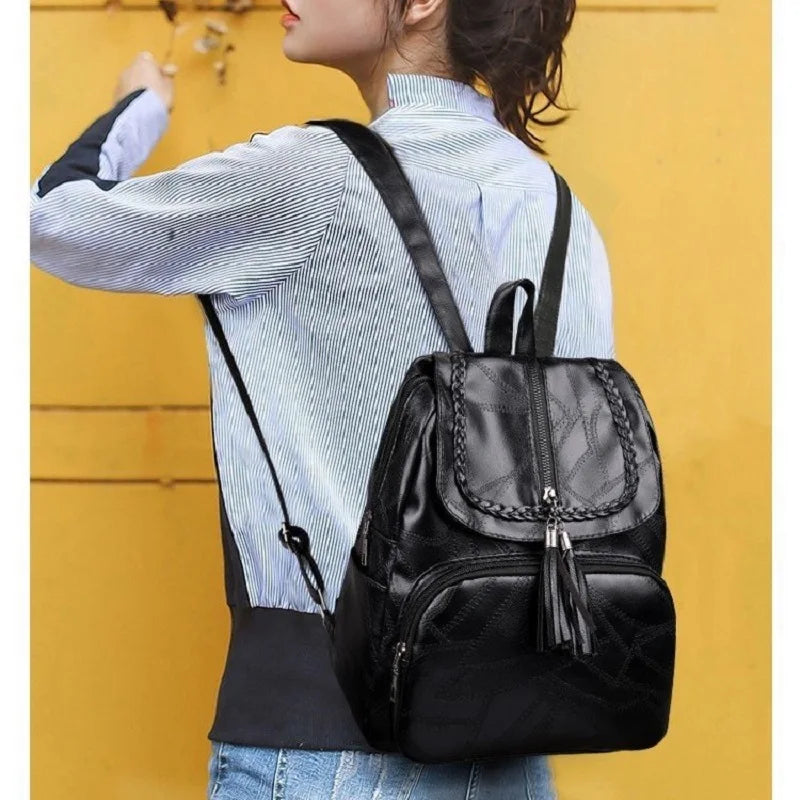Small Leather Backpack Zipper Schoolbag Student Bookbag