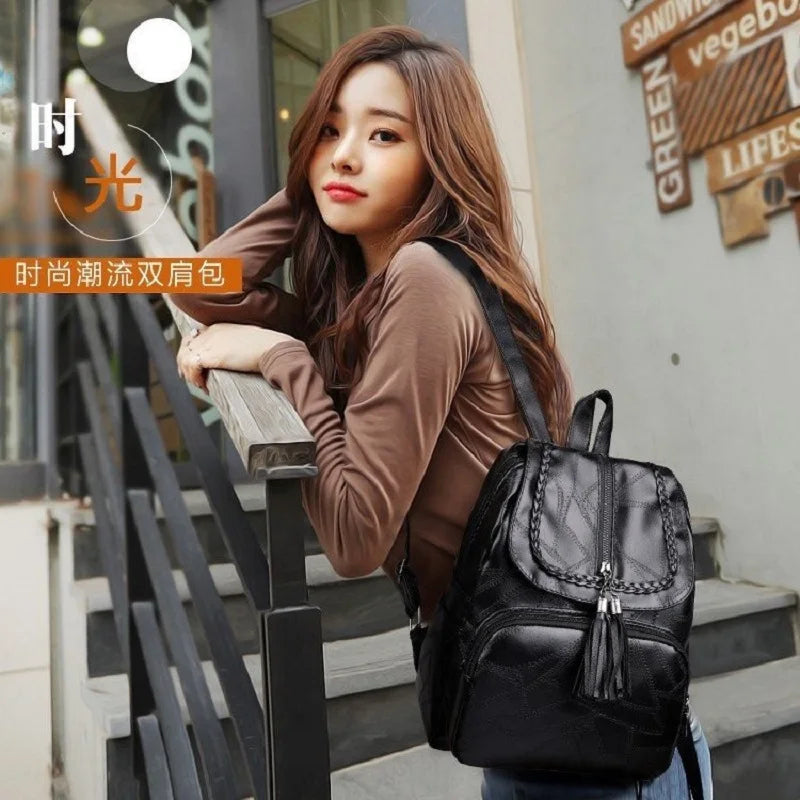 Small Leather Backpack Zipper Schoolbag Student Bookbag