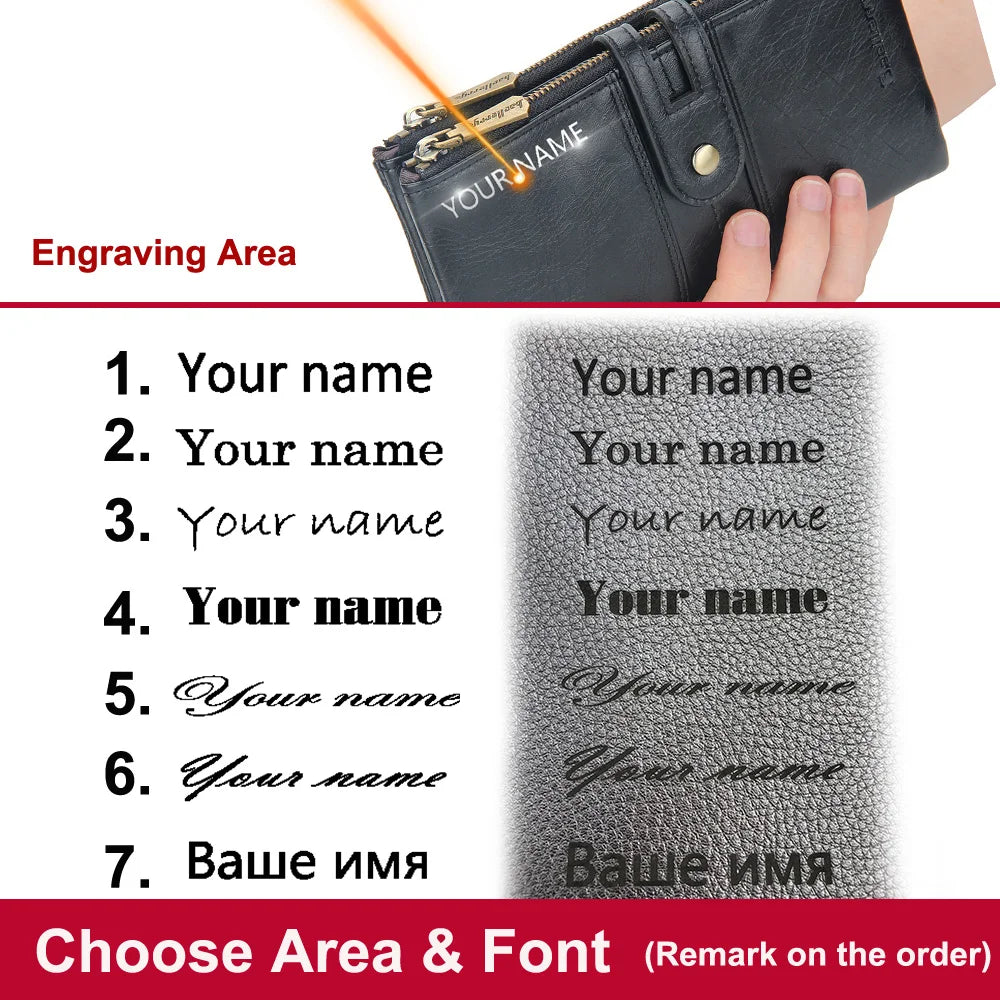 Engraved Men's Double Zipper Wallet w/ Chain - PU Leather