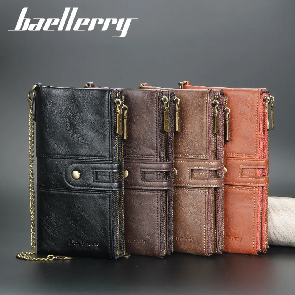 Engraved Men's Double Zipper Wallet w/ Chain - PU Leather