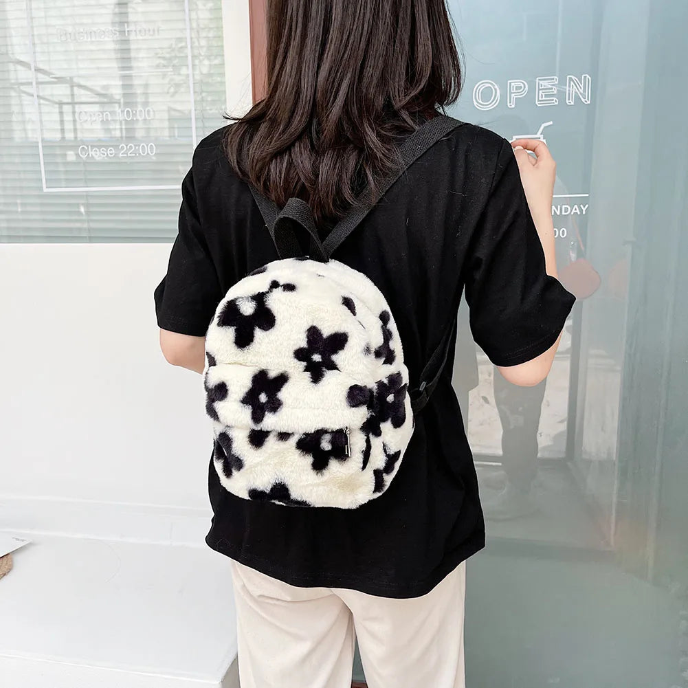 Floral Mini Backpack Schoolbag Women Casual Plush Rucksack