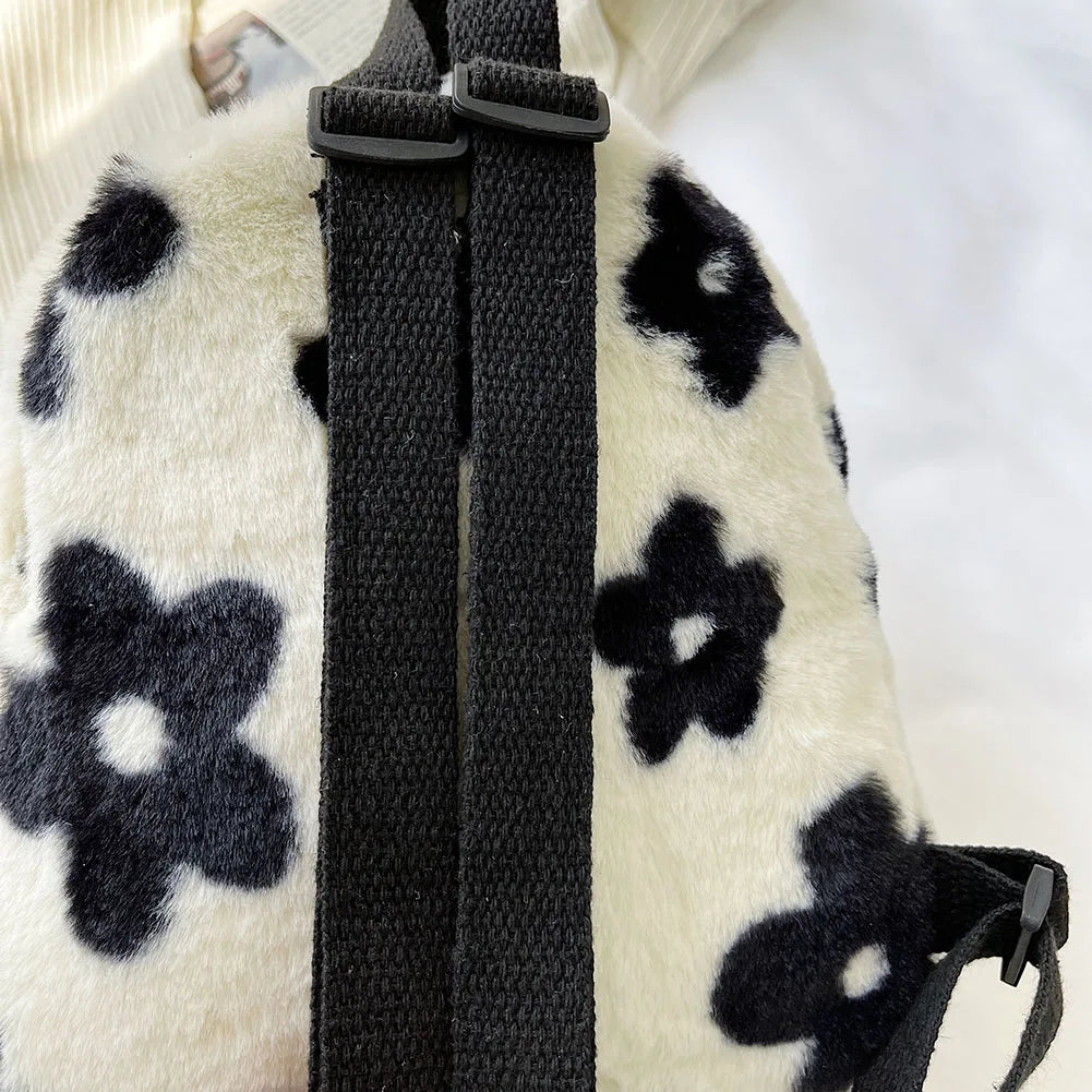 Floral Mini Backpack Schoolbag Women Casual Plush Rucksack
