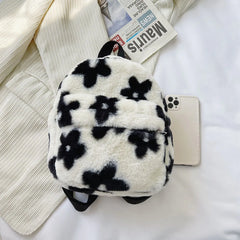 Floral Mini Backpack Schoolbag Women Casual Plush Rucksack