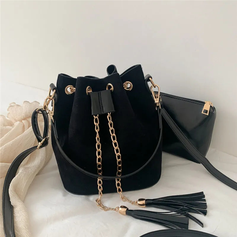 Mini Crossbody Handbags Bucket Bag Small Tassel PU Leather Women