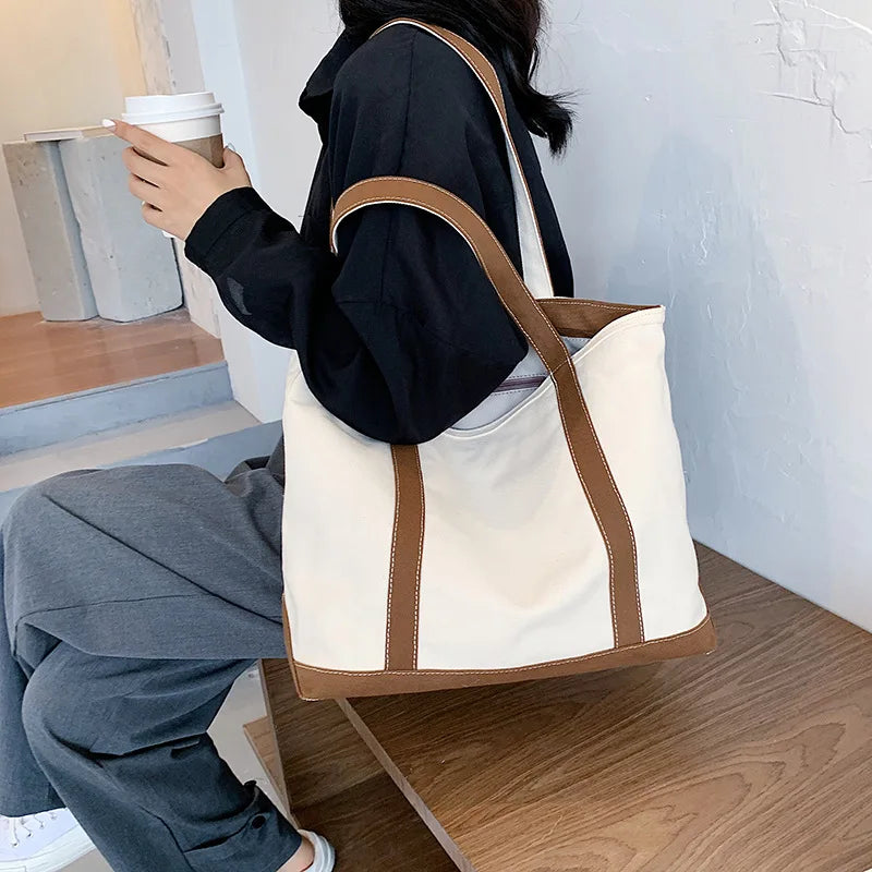 Striped Canvas Handbag Women Casual Shoulder Bag Adults