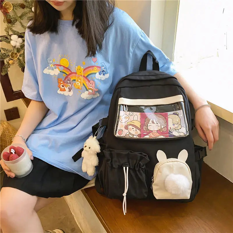 Pink Bunny Anime School Bag Girls Drawstring BookBag