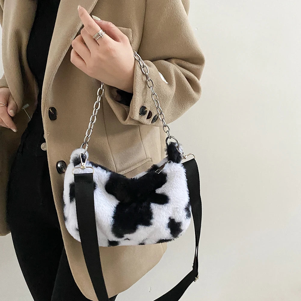 Winter Cow Print Plush Shoulder Bag for Women Crossbody Warm Fur Fluffy Bag