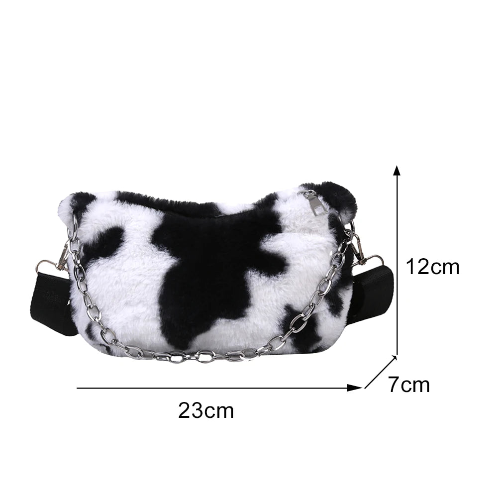 Winter Cow Print Plush Shoulder Bag for Women Crossbody Warm Fur Fluffy Bag