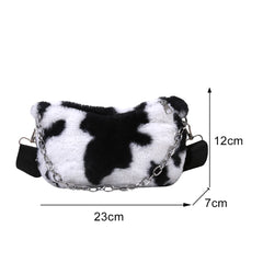 Winter Cow Print Plush Shoulder Bag for Women Crossbody Warm Fur Fluffy Bag