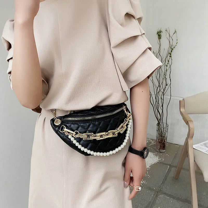Women Chest Bag Chain Clutches Leather Crossbody Bags
