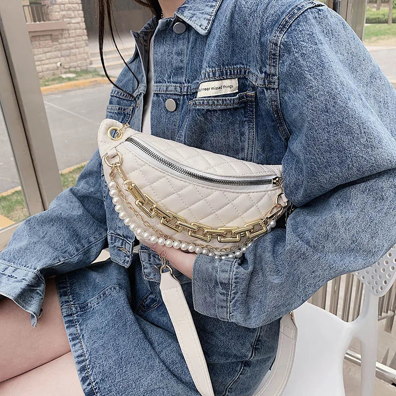 Women Chest Bag Chain Clutches Leather Crossbody Bags