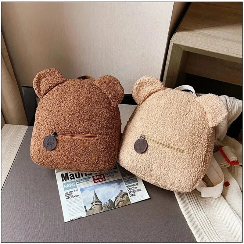Bear Ear Fleece Backpack Warm Lambswool Shoulder Bag