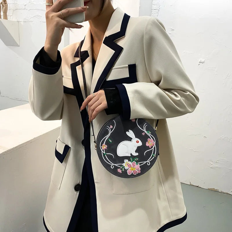 Chinese Style Ribbit Floral Embroidery Cross-Body Pack Women