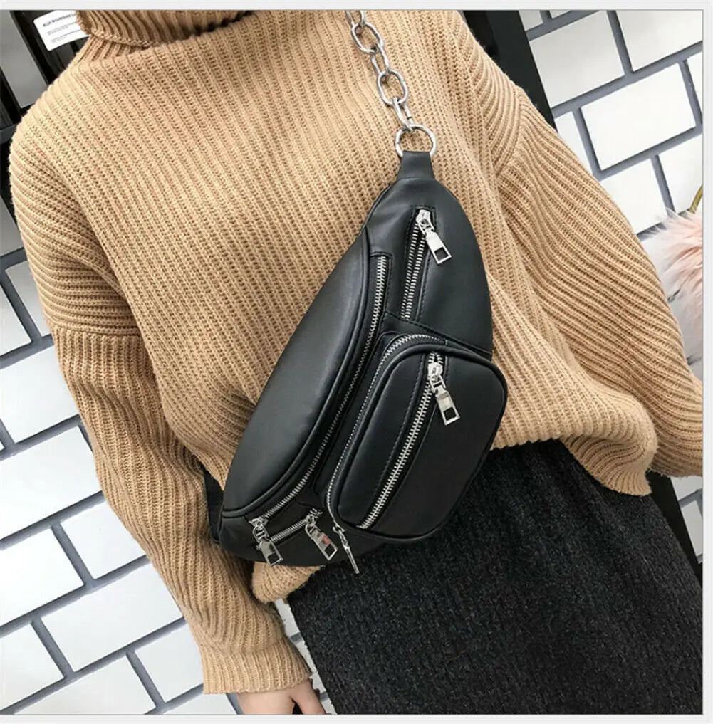 Stylish PU Waist Bag Chain Fanny Pack Travel Belt Purse Shoulder Bags Tote