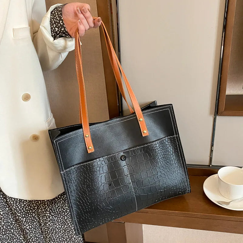 Retro Crocodile Pattern Large Tote Bag Women Shoulder PU Leather Purses