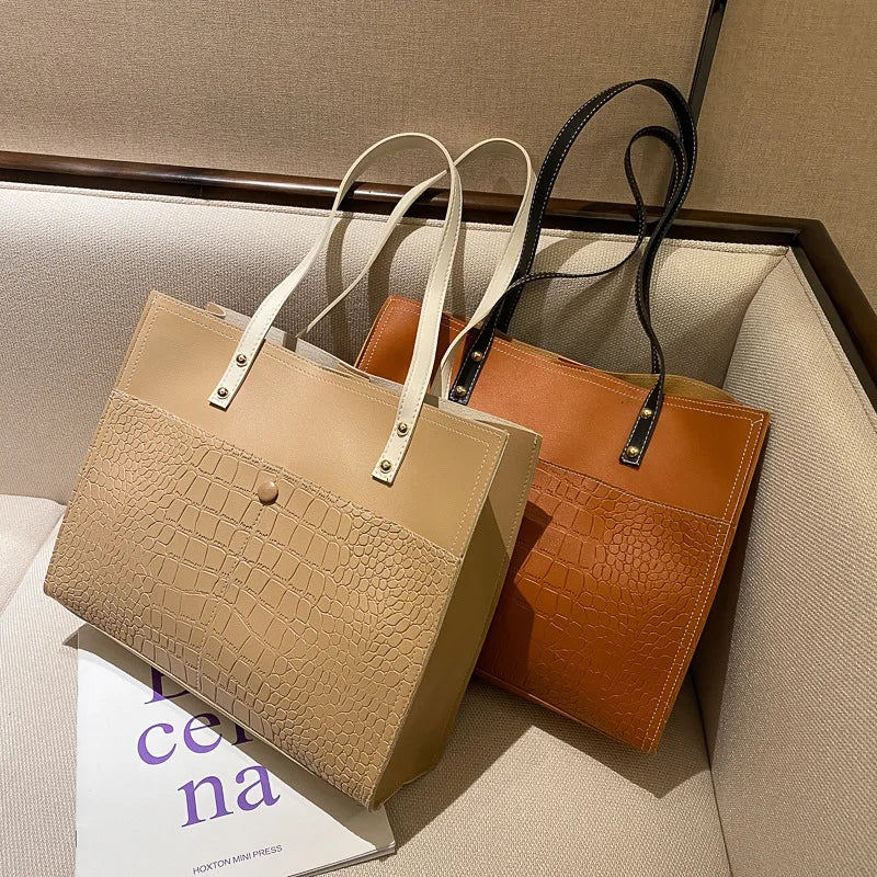 Retro Crocodile Pattern Large Tote Bag Women Shoulder PU Leather Purses