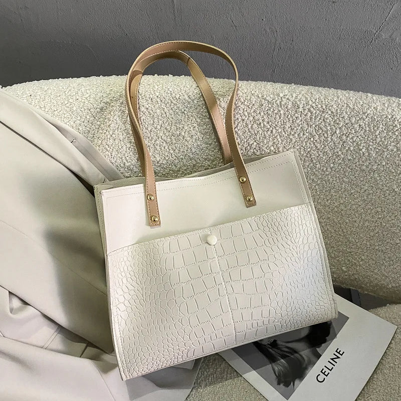 Retro Crocodile Pattern Large Tote Bag Women Shoulder PU Leather Purses