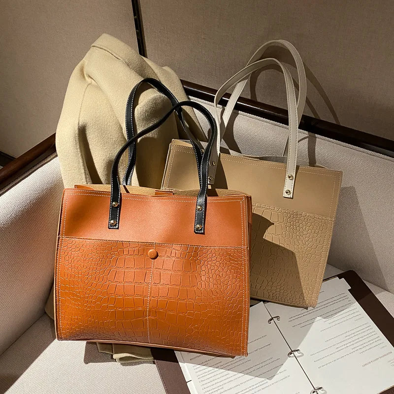 Retro Crocodile Pattern Large Tote Bag Women Shoulder PU Leather Purses