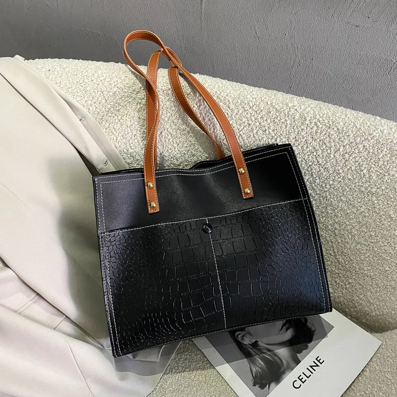 Retro Crocodile Pattern Large Tote Bag Women Shoulder PU Leather Purses