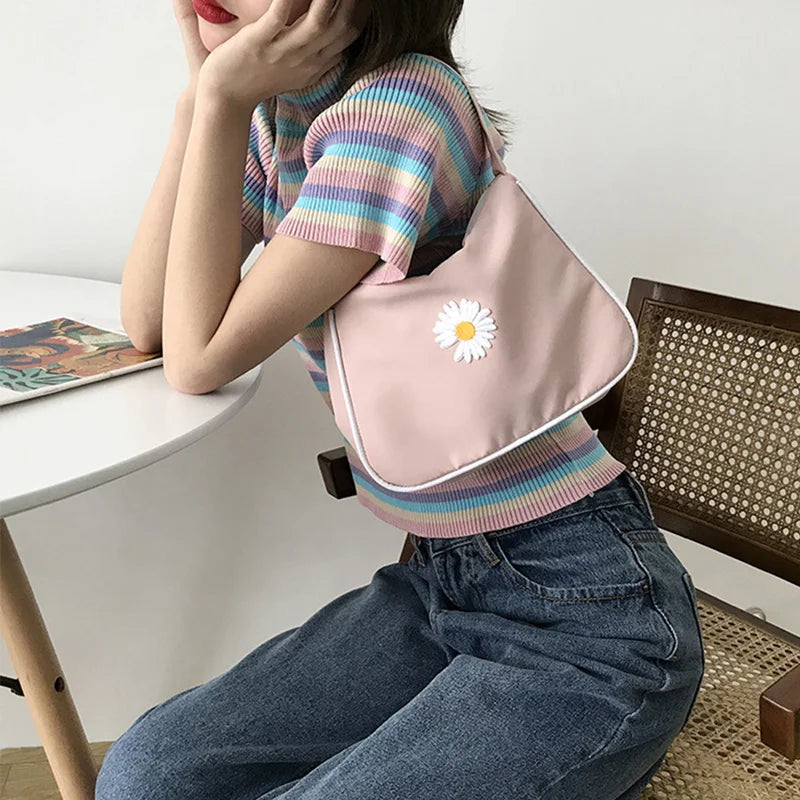 Spring Women Small Handbag Bag Daisy Embroidery Tote Underarm Shoulder Bag