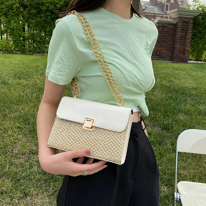 Summer Flap Straw Crossbody Bag Weave Chain Handbag Female Messenger Bag