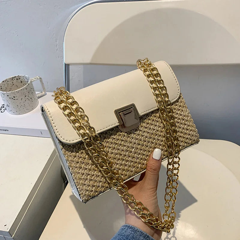 Summer Flap Straw Crossbody Bag Weave Chain Handbag Female Messenger Bag