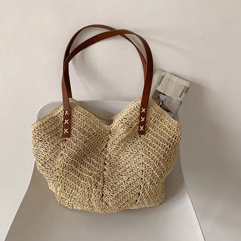 Hand-woven Women's Big Shoulder Handbag Rattan Straw Beach Tote Bag