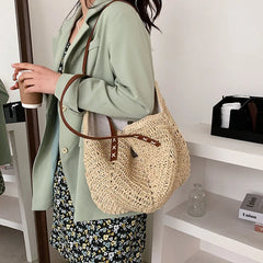 Hand-woven Women's Big Shoulder Handbag Rattan Straw Beach Tote Bag