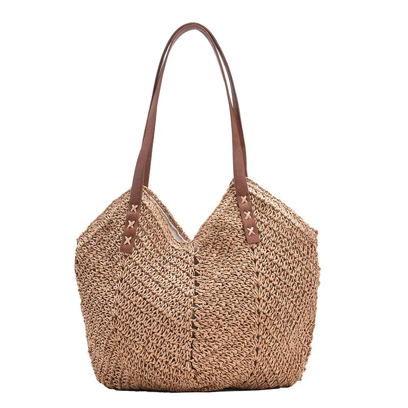 Hand-woven Women's Big Shoulder Handbag Rattan Straw Beach Tote Bag