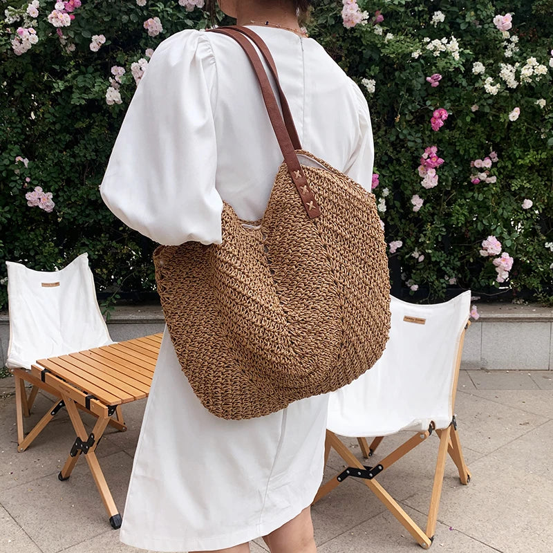 Hand-woven Women's Big Shoulder Handbag Rattan Straw Beach Tote Bag
