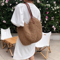 Hand-woven Women's Big Shoulder Handbag Rattan Straw Beach Tote Bag