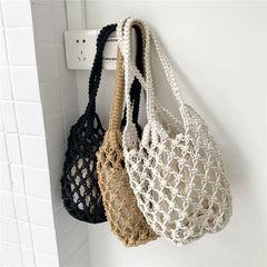 Summer Hollow Woven Shoulder Bag Lightweight Bucket Purse Handbag