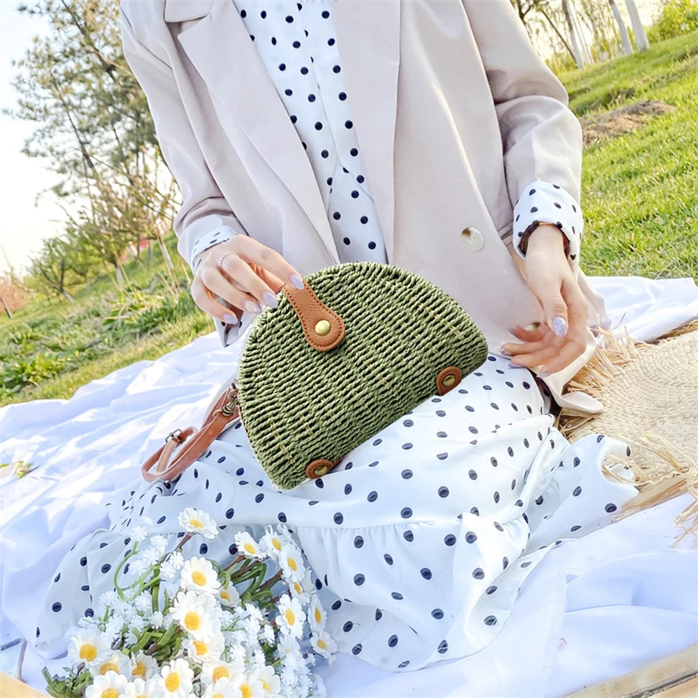 Summer Boho Straw Women's Bag Semicircle Dumpling Shoulder Crossbody Messenger B