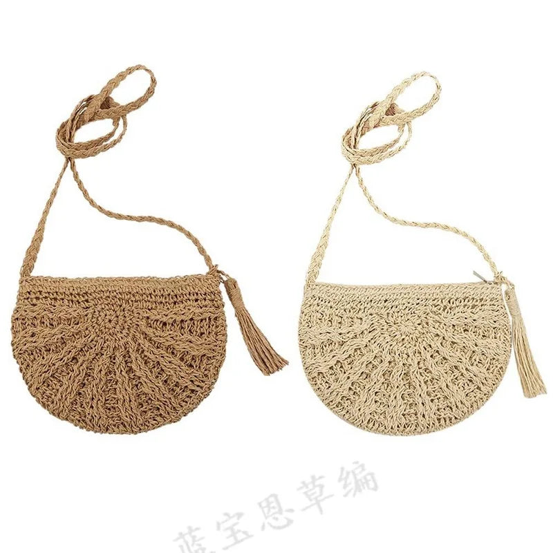 Tassel Beach Crossbody Bag Women Straw Circle Rattan Shoulder Bag